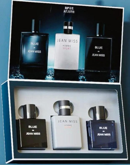 Ensemble de trois eaux de parfums pour hommes de Jean Miss coffret bleu - Le monde d'Ela