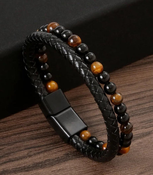 Bracelet homme géométrique en pierre naturelle tigre noir & jaune, corde noir #03 - Le monde d'Ela